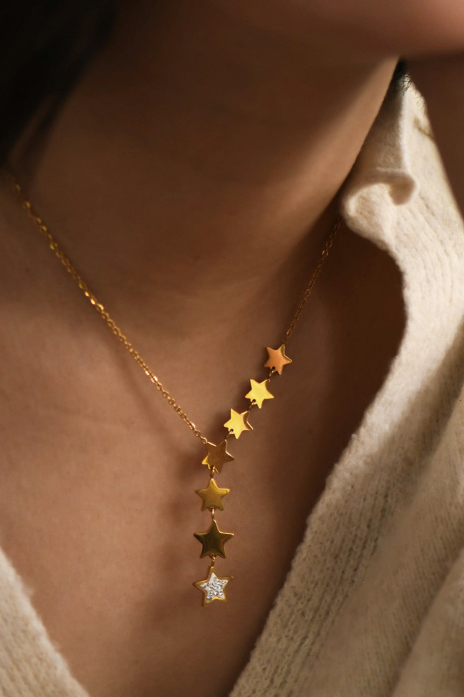 Celestial Gold Star Cascade Necklace – 18K Gold Plated