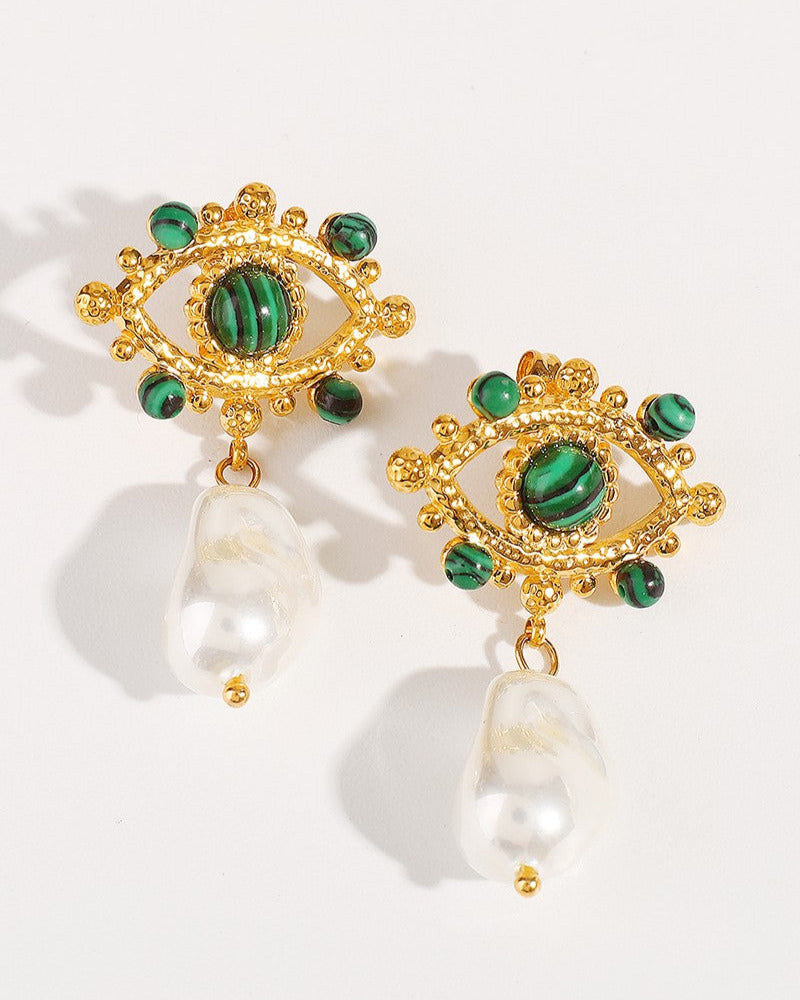Malachite Evil Eye Pearl Dangle Earrings