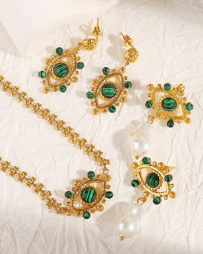 Malachite Evil Eye Pearl Dangle Earrings