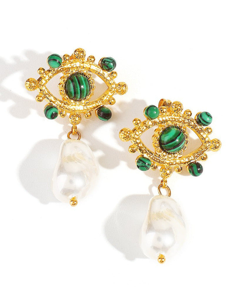Malachite Evil Eye Pearl Dangle Earrings