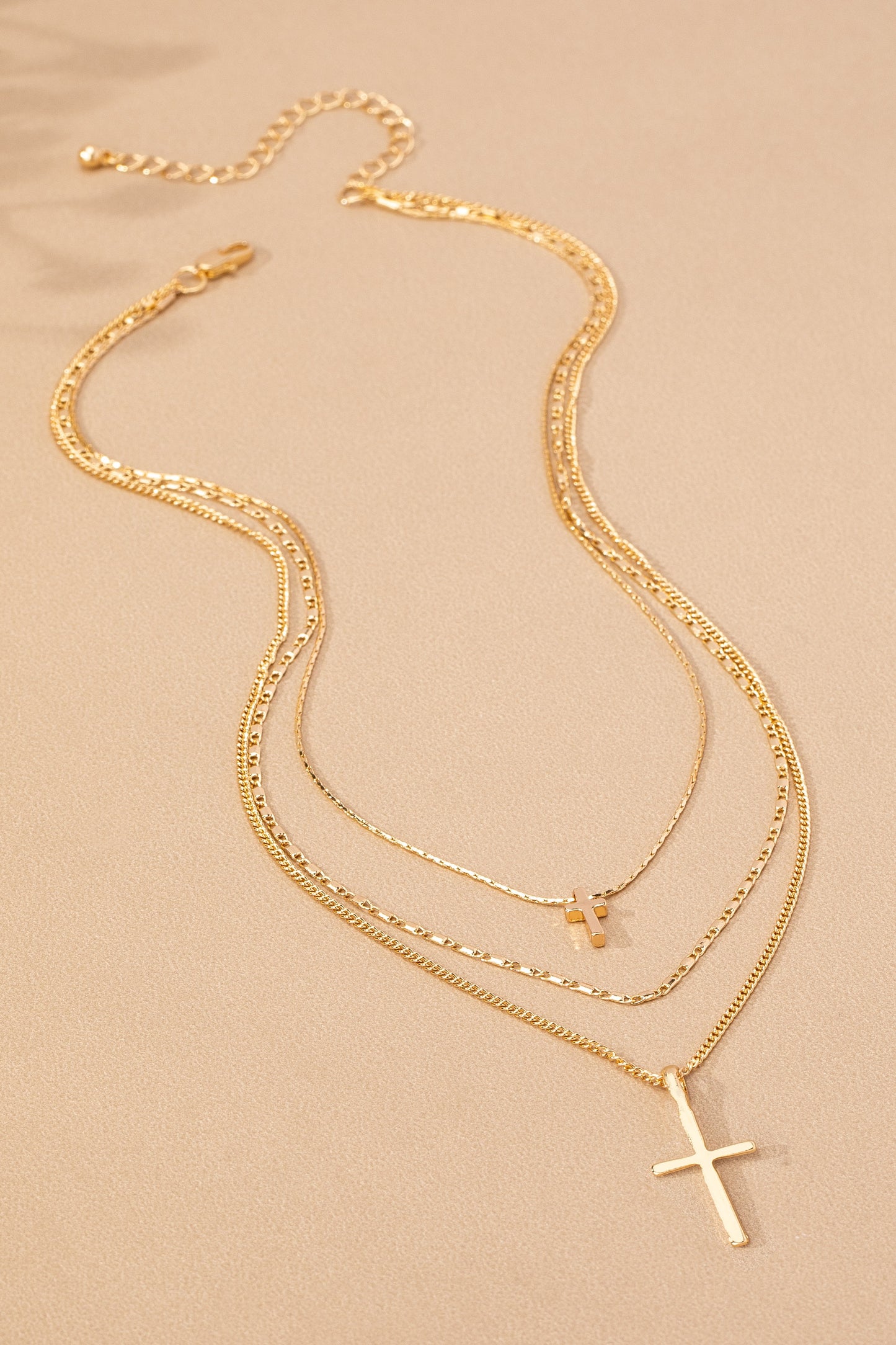 3 Row Mixed Chain Cross Pendant Necklace