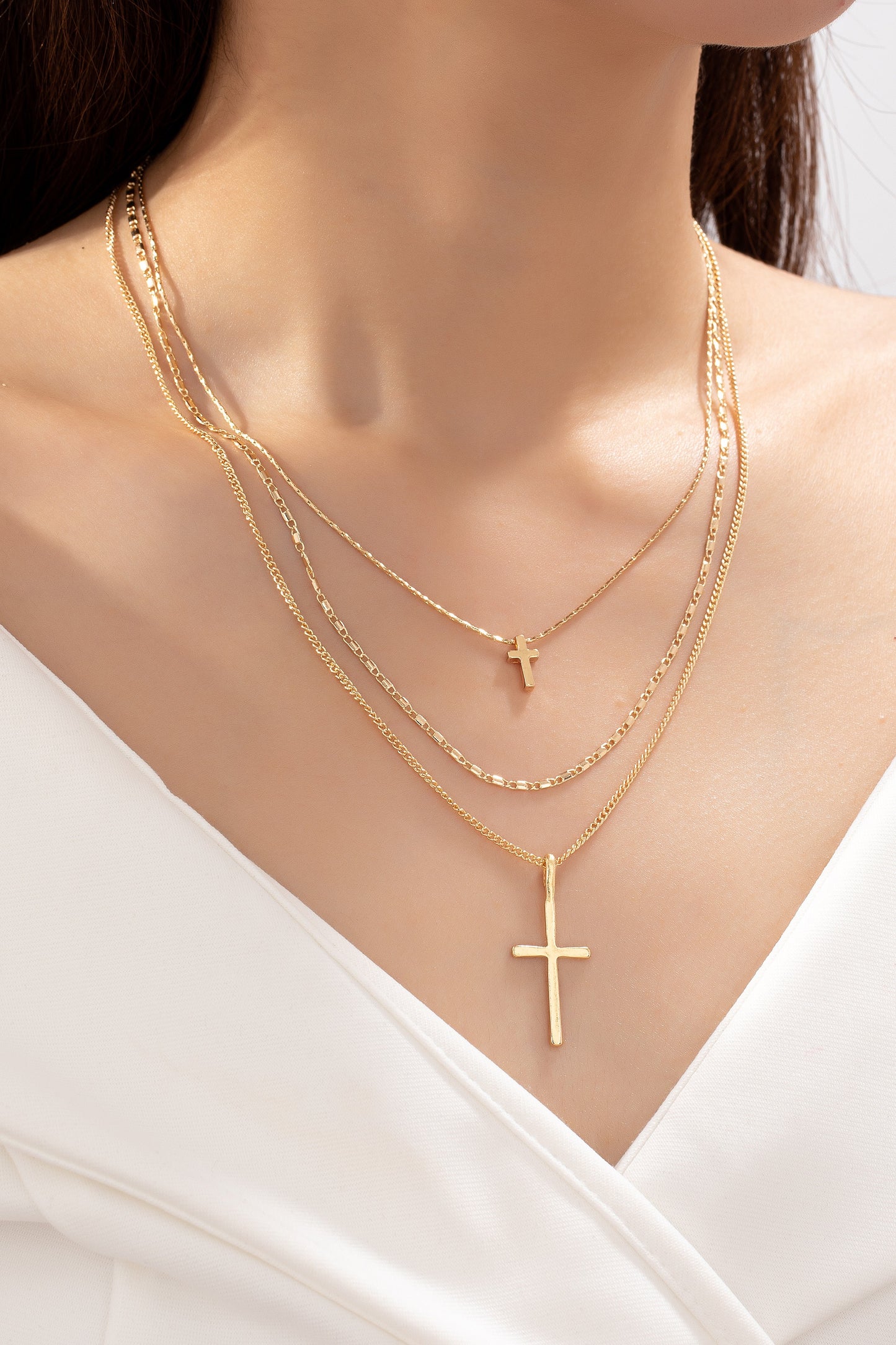 3 Row Mixed Chain Cross Pendant Necklace
