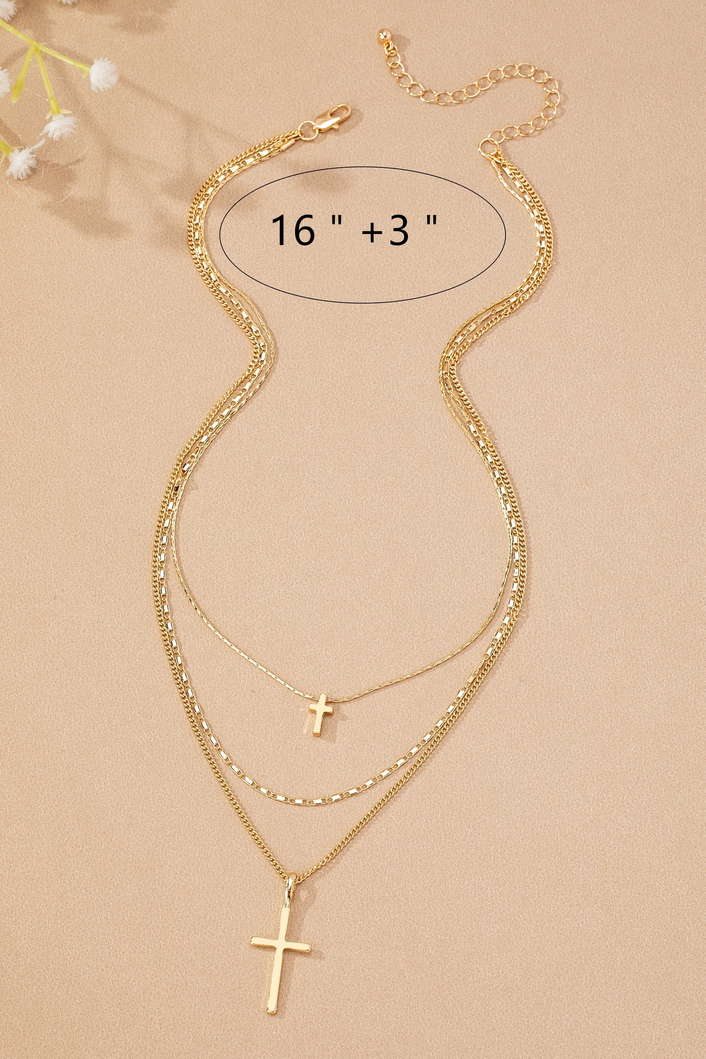 3 Row Mixed Chain Cross Pendant Necklace