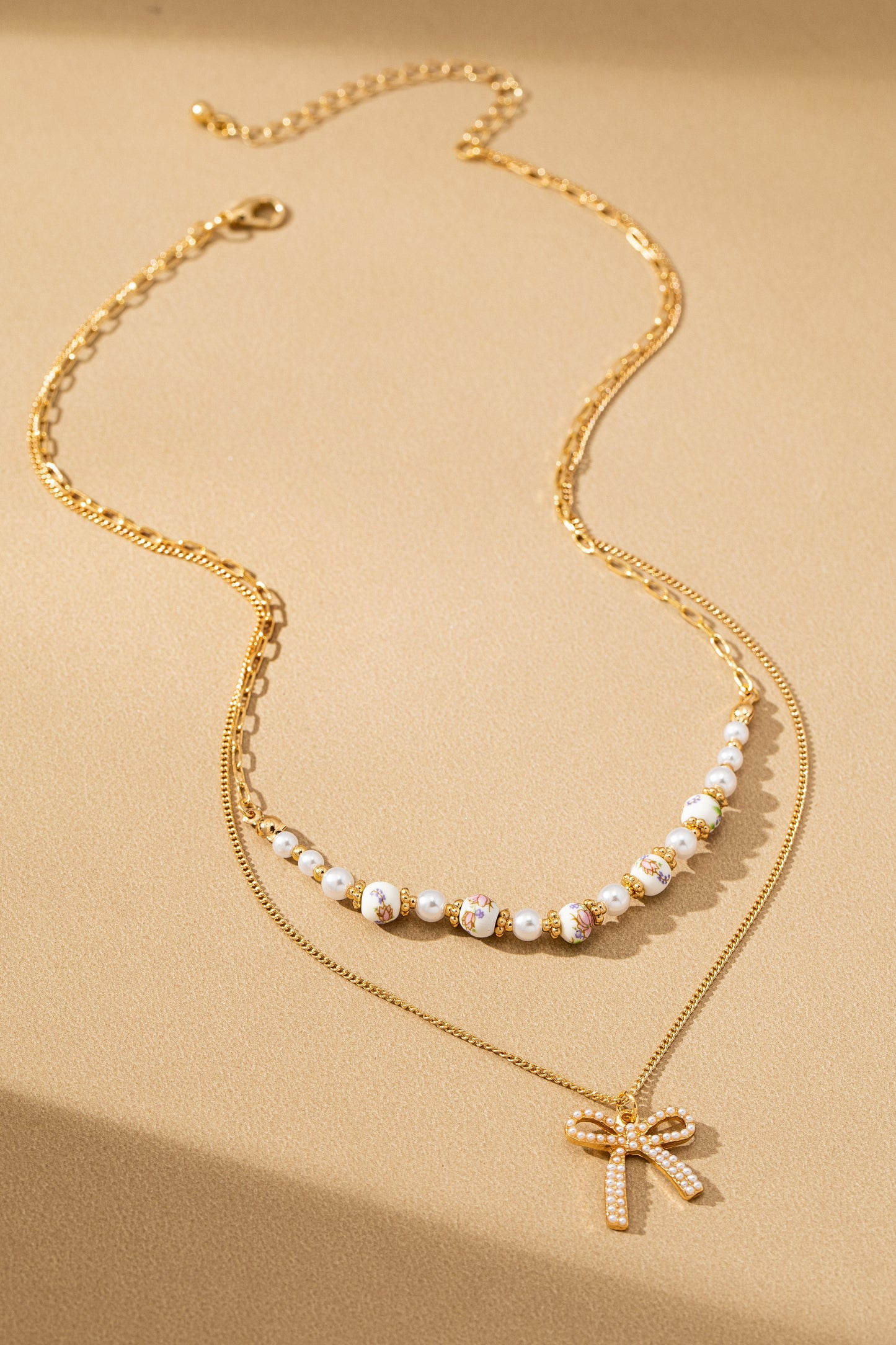 Rosy Ceramic Pearl & Bow Layered Layer Necklace