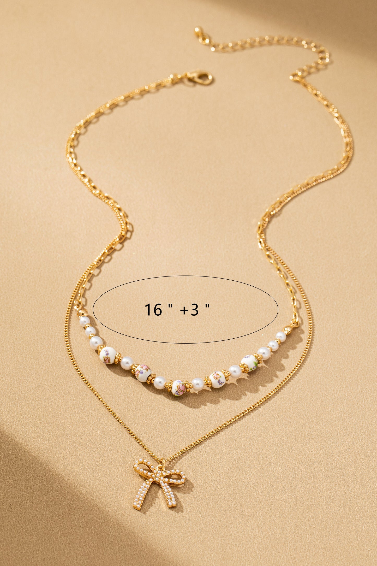Rosy Ceramic Pearl & Bow Layered Layer Necklace