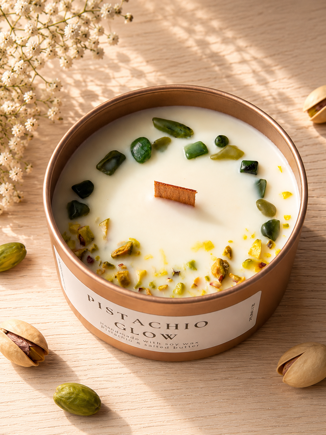 Pistachio Glow – Pistachio Kulfi Wooden Wick Candle
