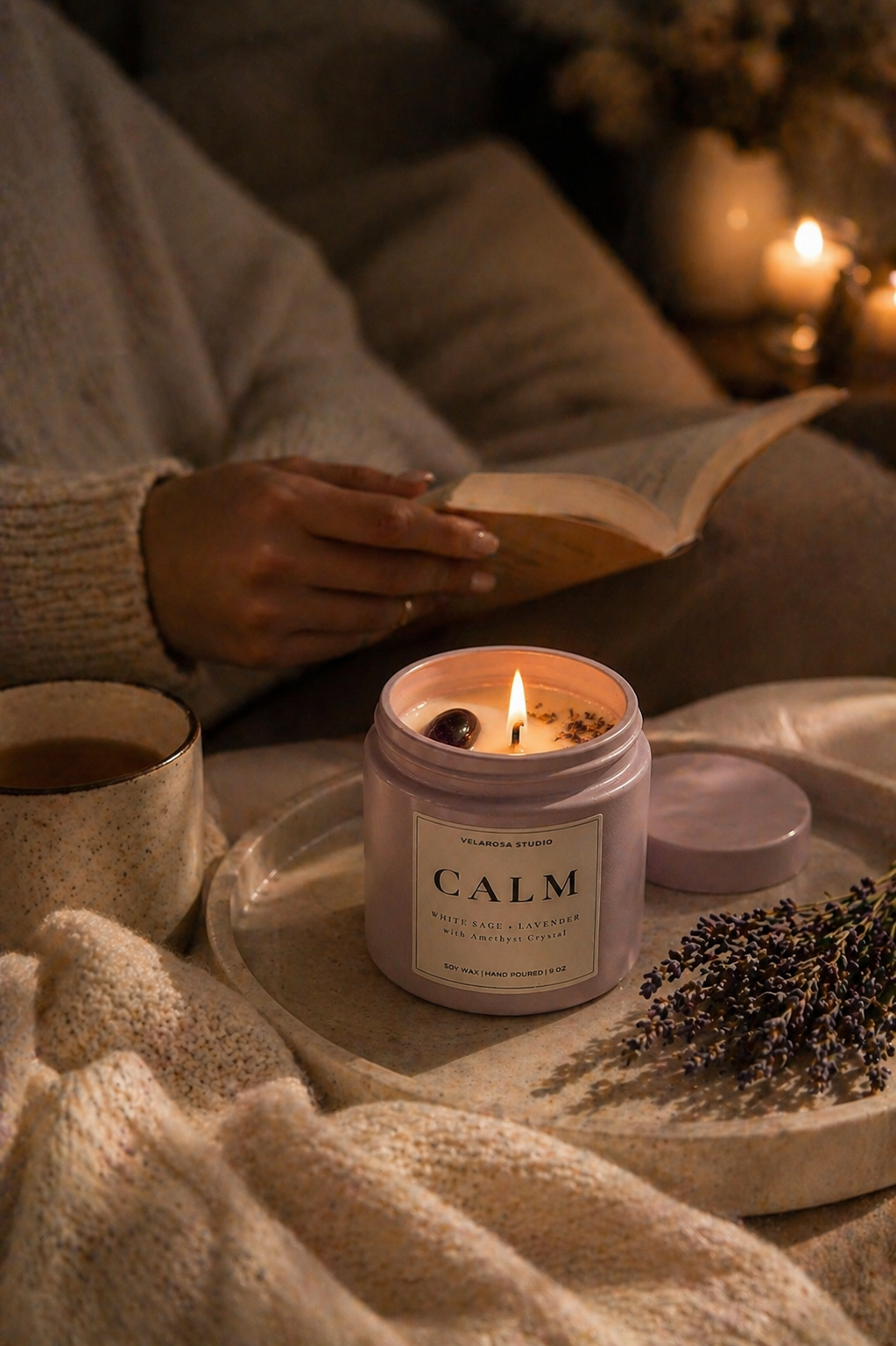 Calm Ritual Candle – White Sage & Lavender Soy Candle with Amethyst Crystal