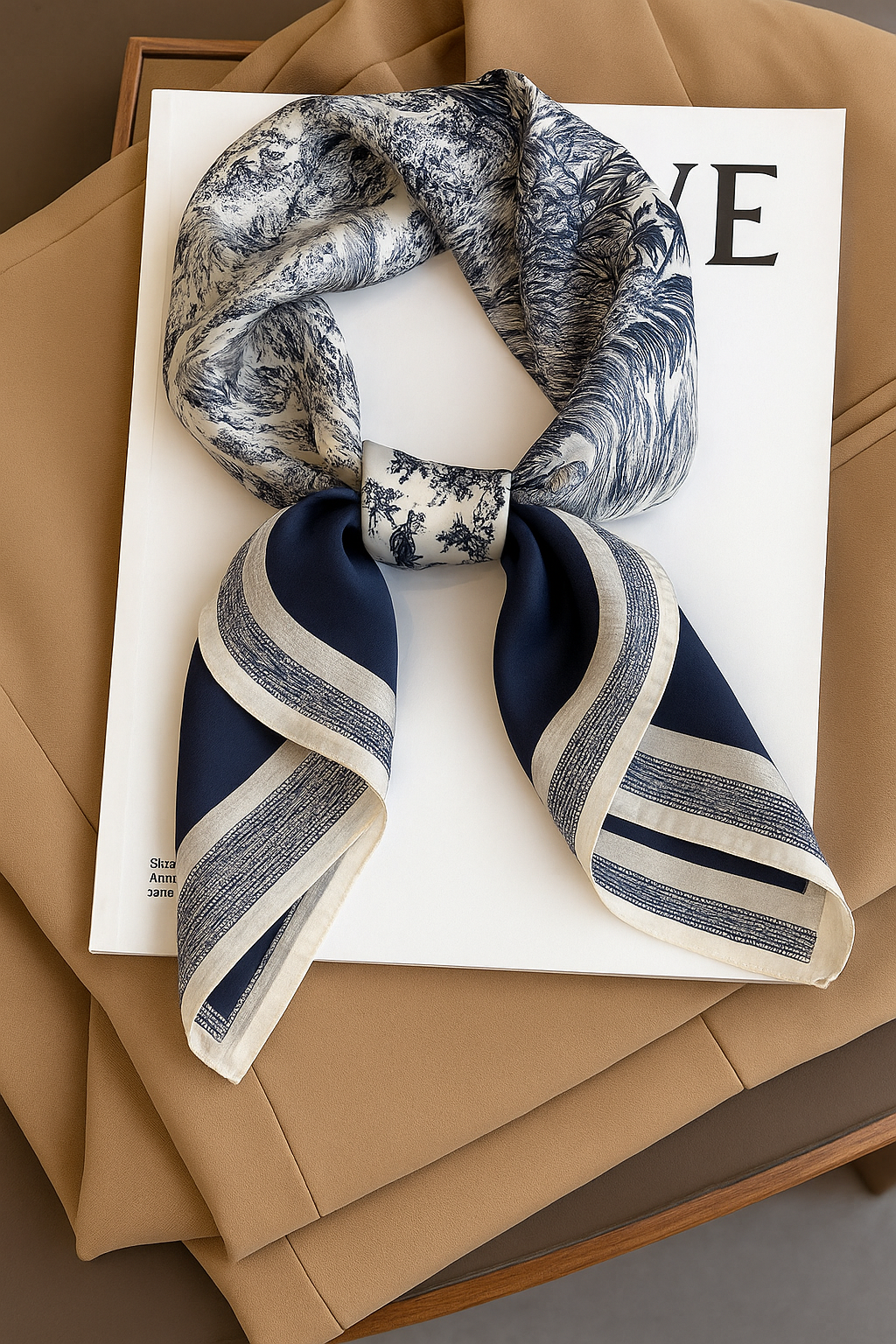 CD Silk Navy Toile Scarf Bandana – Square Headscarf for Women