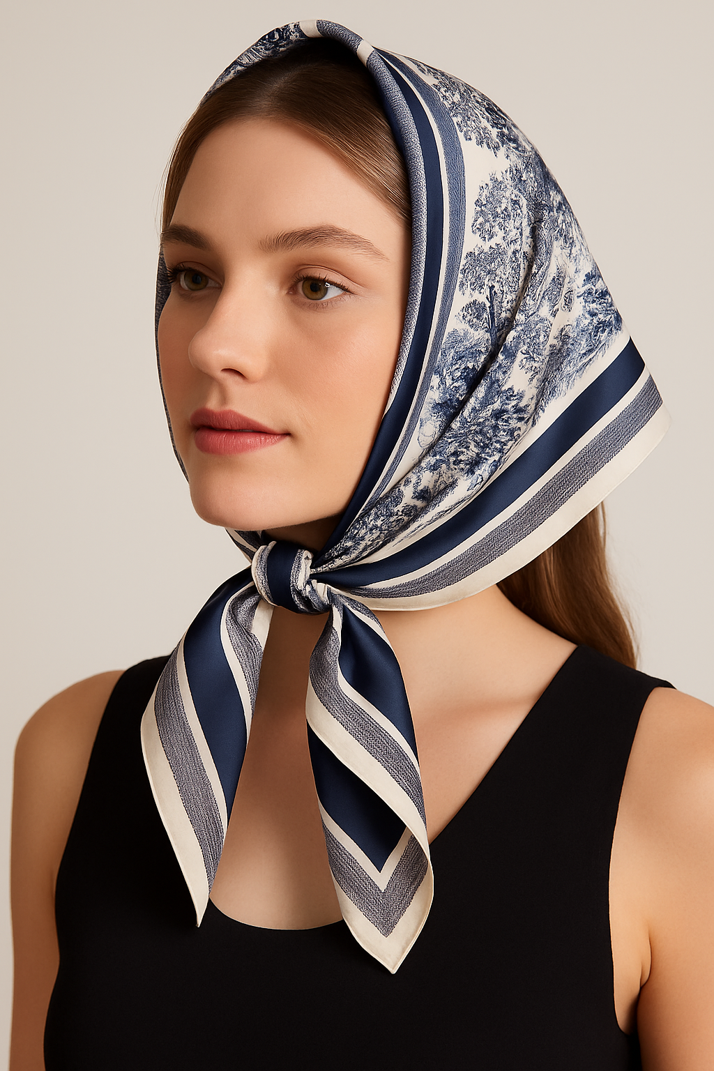 CD Silk Navy Toile Scarf Bandana – Square Headscarf for Women
