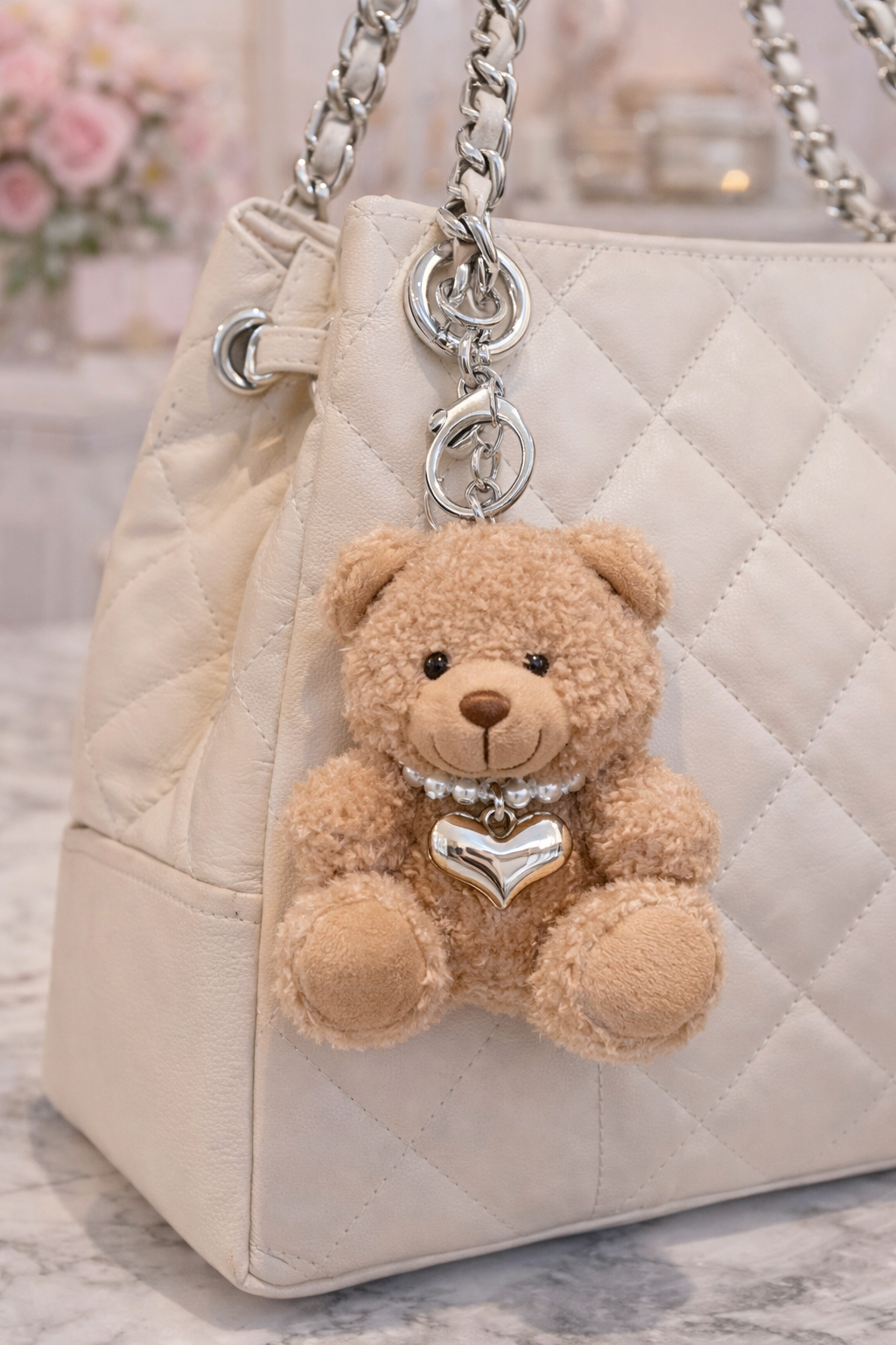 Silver Heart Teddy Bear Bag Charm