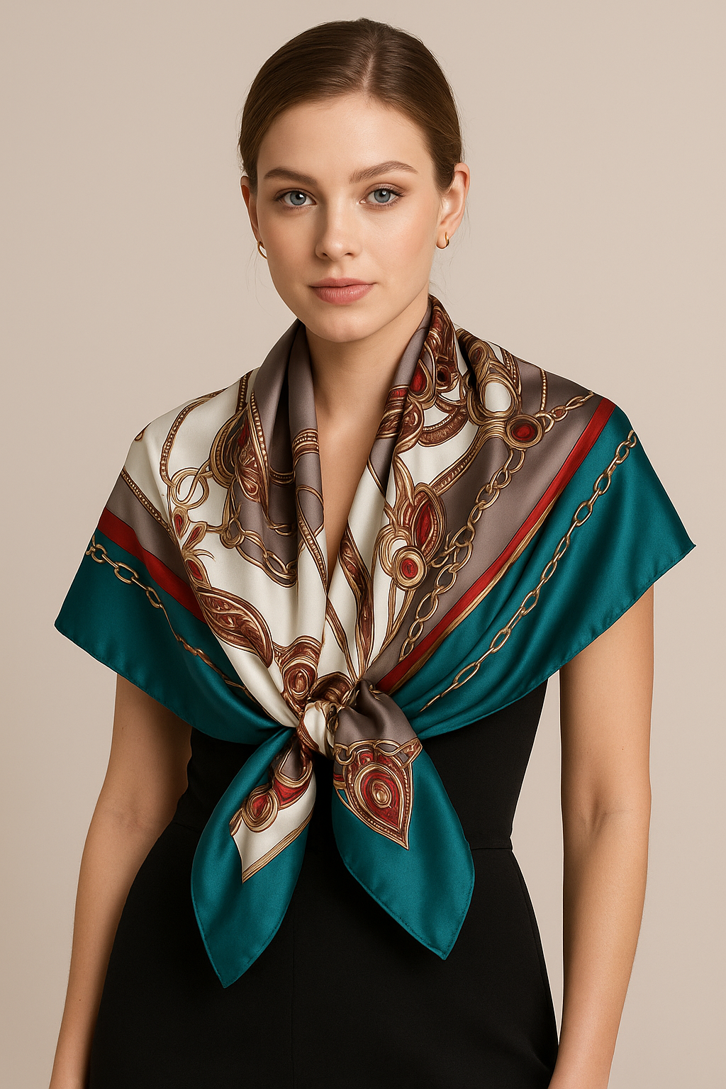 Baroque Elegance Silk Scarf – Taupe & Teal