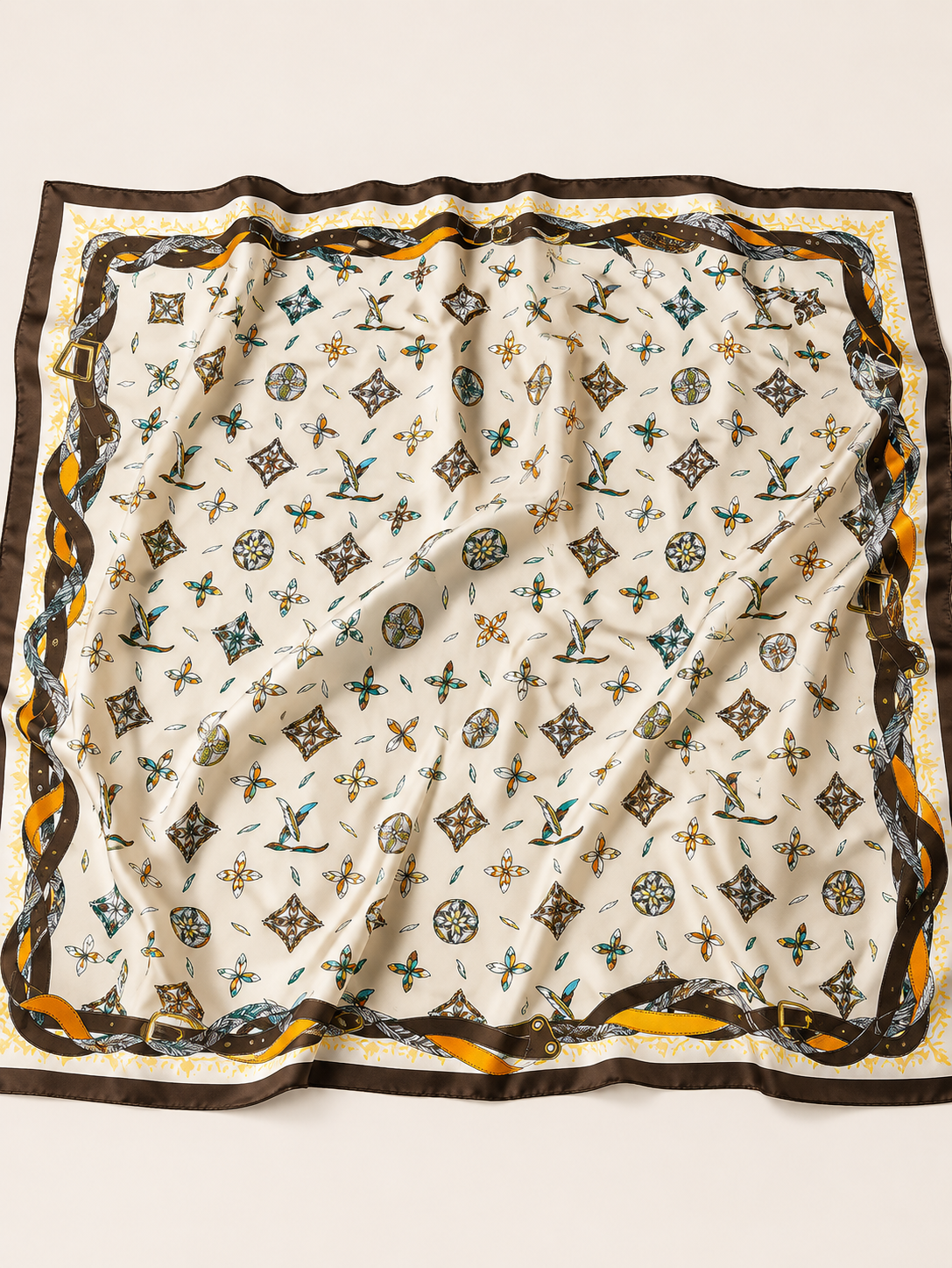 Silk Beige Scarf with Feather & Chain Print – Luxury Square Bandana