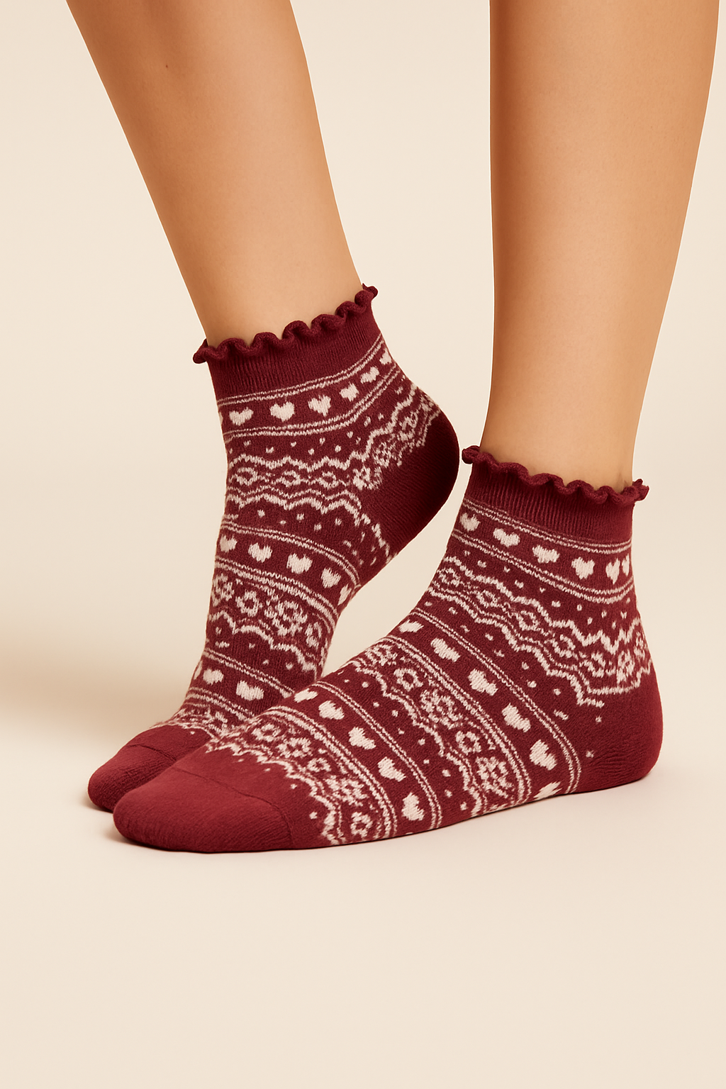 Burgundy Winter Fair Isle Ruffle Socks