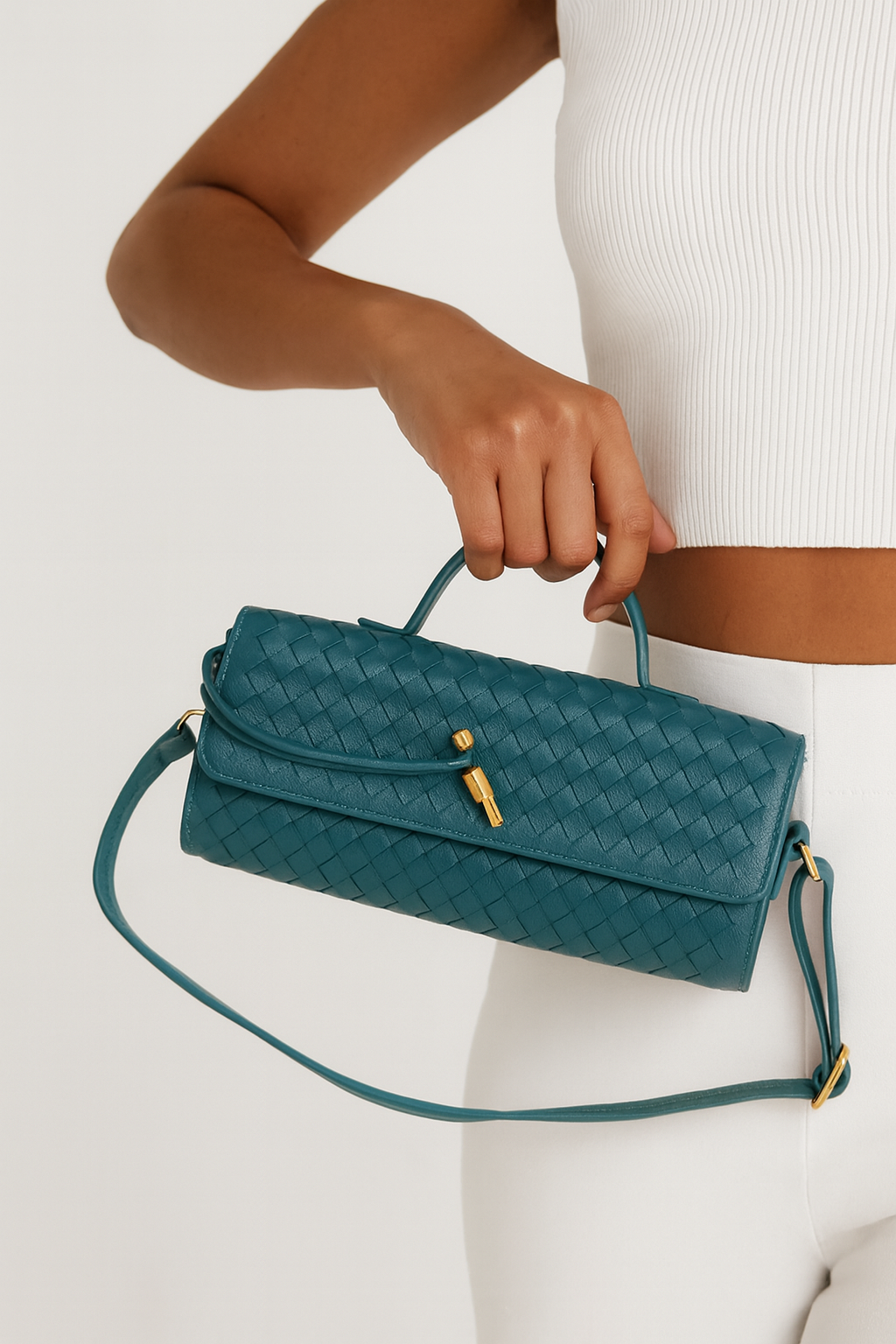 Elegant Woven Faux Leather Top Handle Clutch