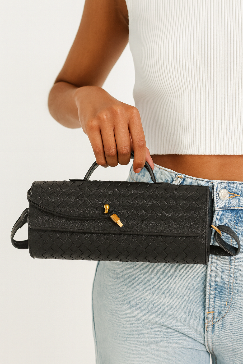 Elegant Woven Faux Leather Top Handle Clutch