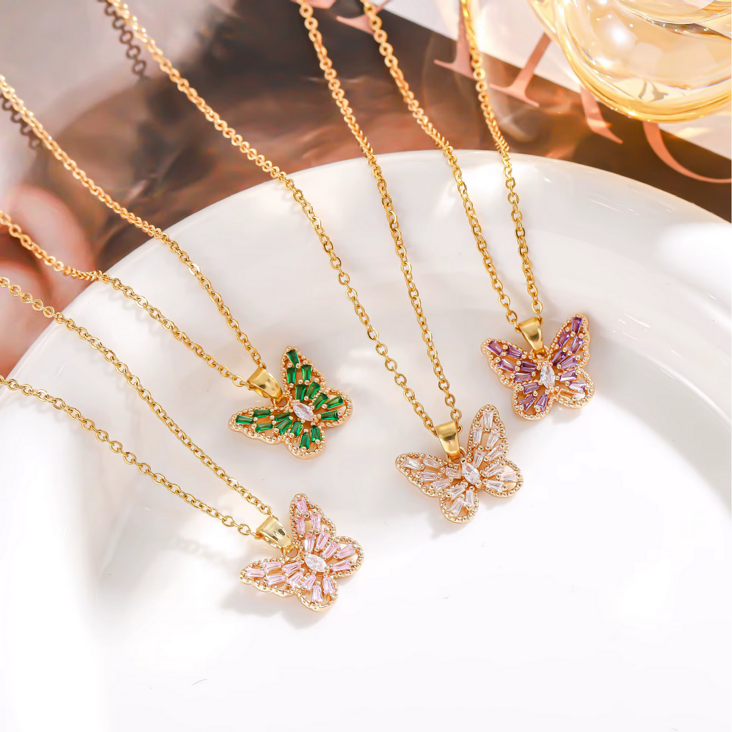 Crystal Butterfly Necklace – Stainless Steel, Water Resistant