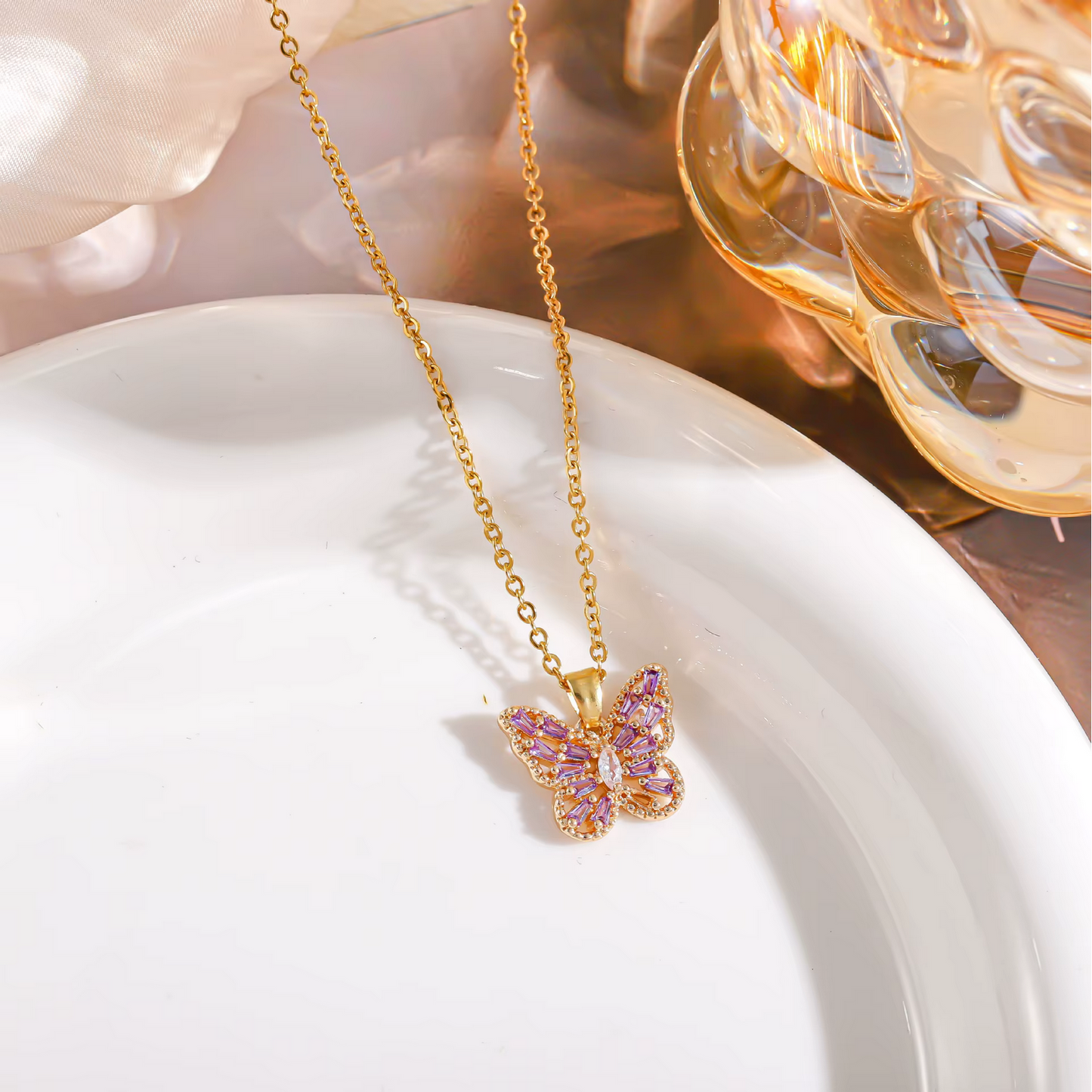 Crystal Butterfly Necklace – Stainless Steel, Water Resistant