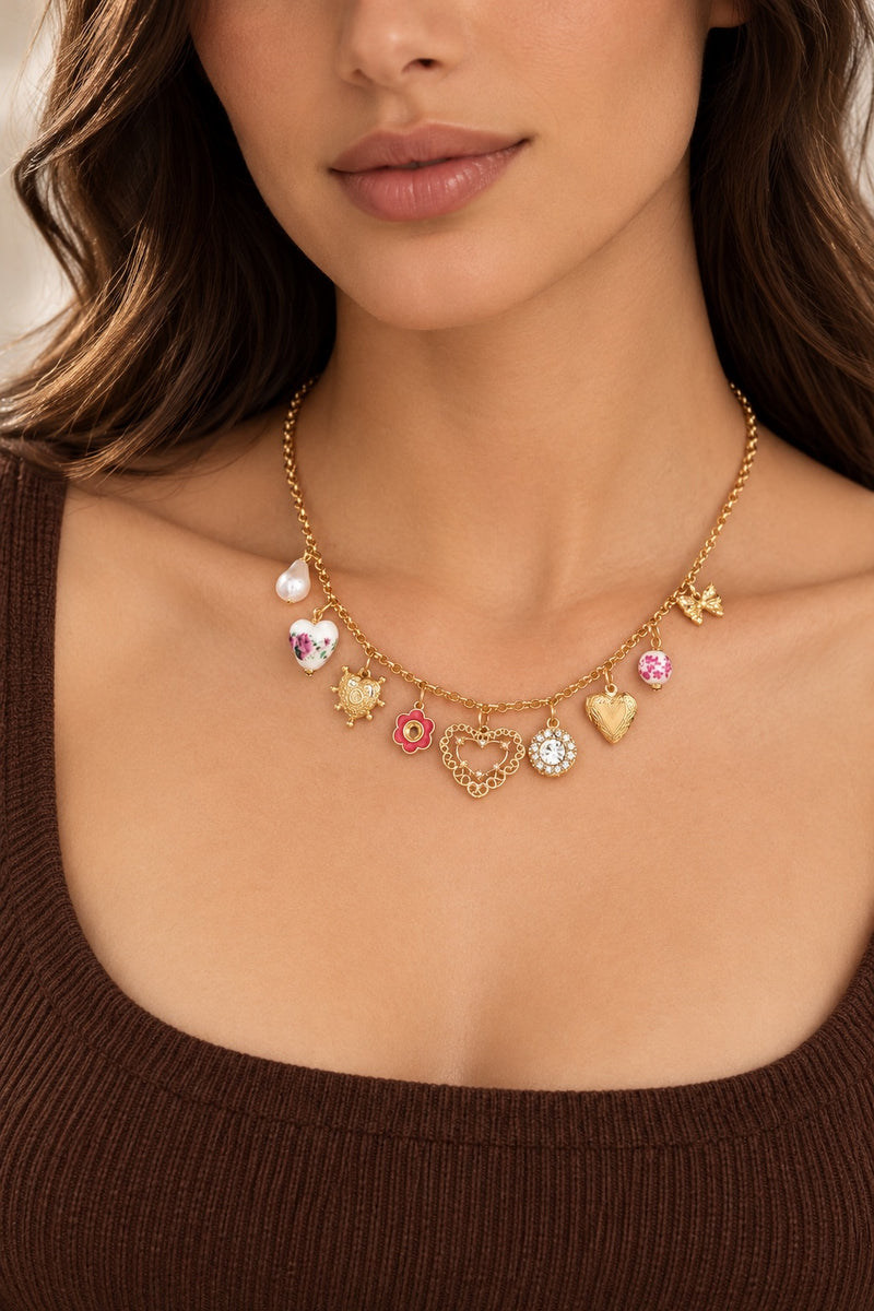 Heart Floral Porcelain Beads Necklace