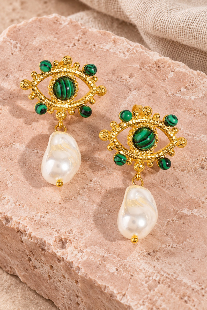 Malachite Evil Eye Pearl Dangle Earrings