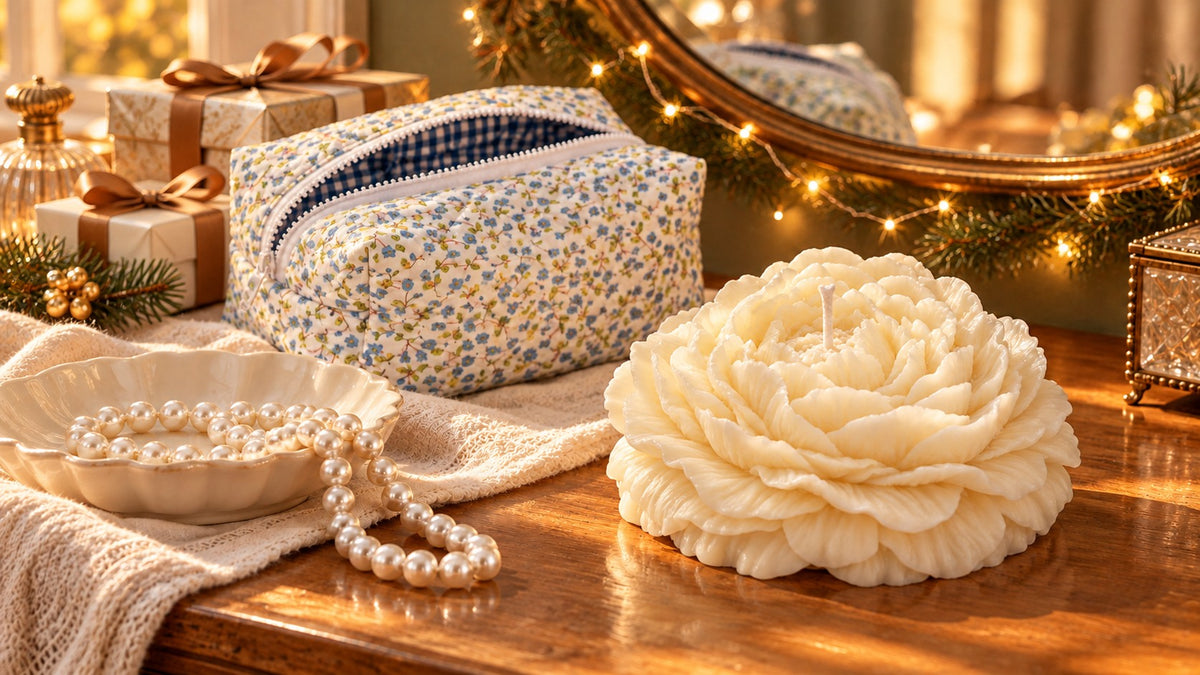 Large ivory Peony, pearl necklace and Cottage Bloom makeup bag, styled together with champagne gifts and warm golden lights