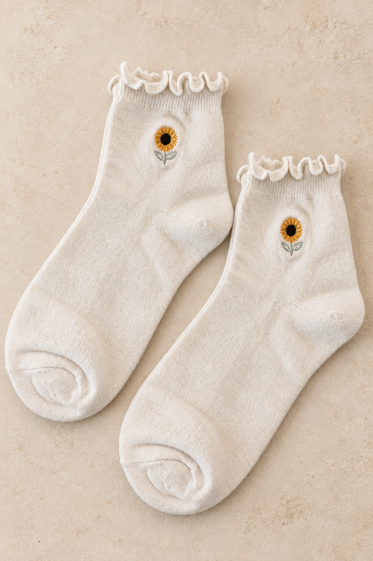 Sunflower Embroidered Ruffle Ankle Socks