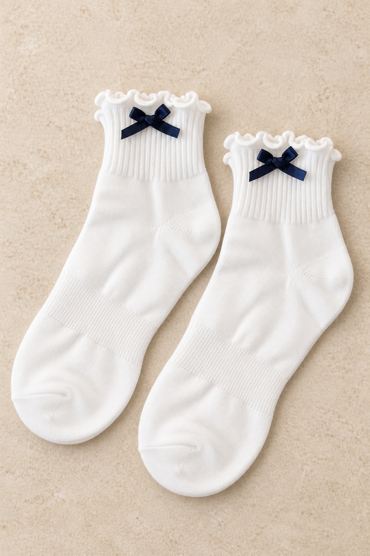 Navy Bow Ruffle Ankle Socks – White Ribbed Knit