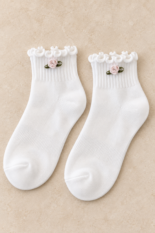 Blush Rose Ruffle Ankle Socks – White Ribbed Knit
