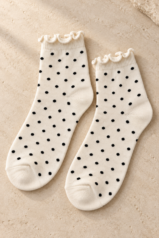 Polka Dot Ruffle Crew Socks – Ivory & Burgundy