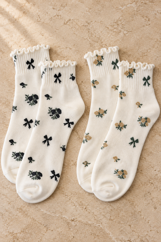 Vintage Floral Bow Ruffle Ankle Socks – Two Colorways