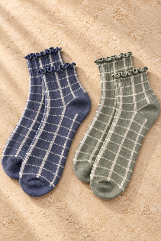 Windowpane Check Ruffle Ankle Socks – Navy & Sage