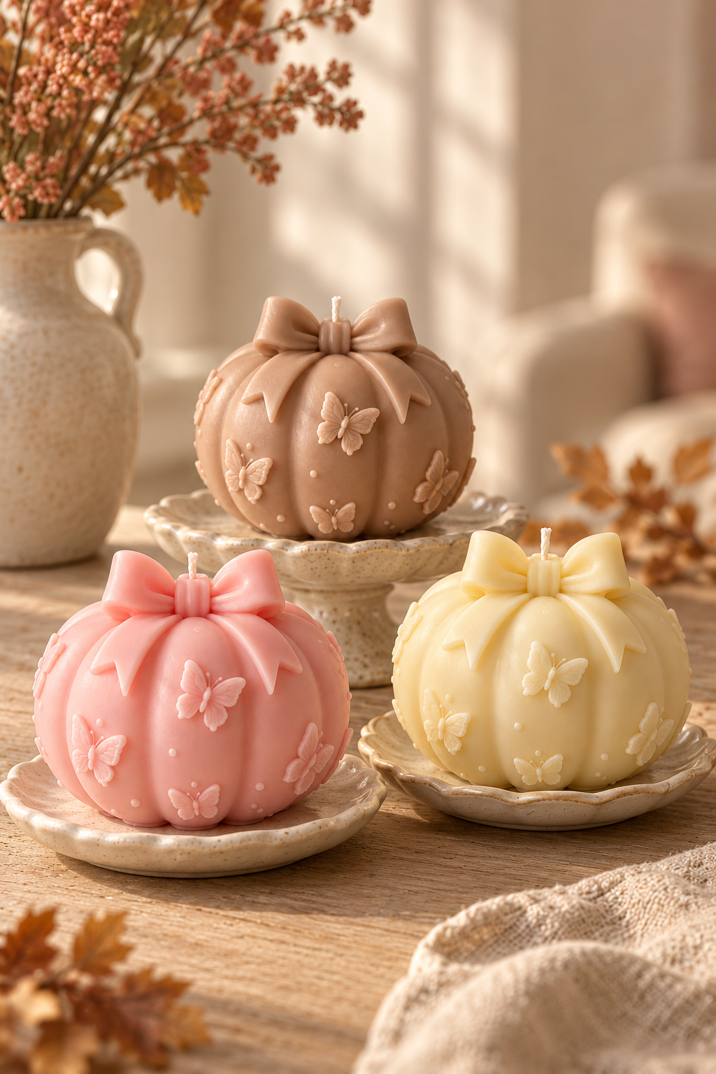 Pink, butter yellow and mocha butterfly bow pumpkin candles styled together on ceramic dishes for fall decor.