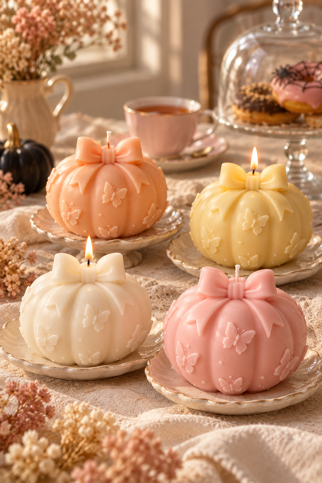 White, pink, orange and yellow bow pumpkin candles styled together on an autumn tea table.