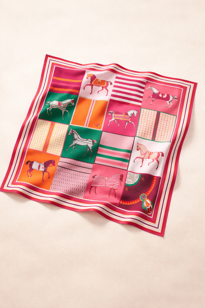 100% Silk Equestrian Print Luxury Scarf for Women – Elegant Hair & Neck Accessory