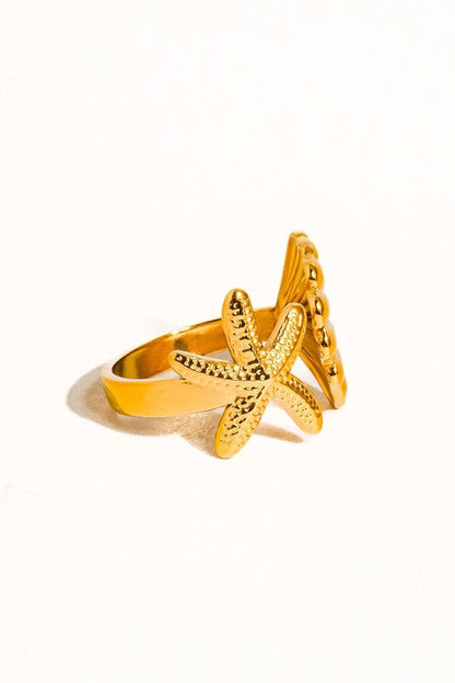 Golden Seashell & Starfish Adjustable Open Ring