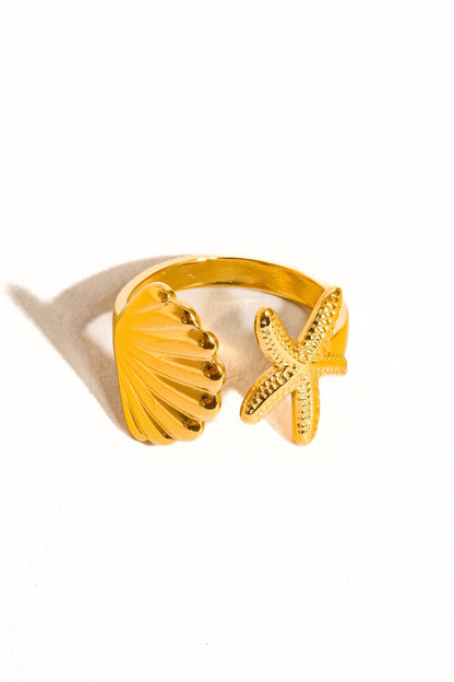 Golden Seashell & Starfish Adjustable Open Ring