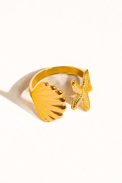Golden Seashell & Starfish Adjustable Open Ring