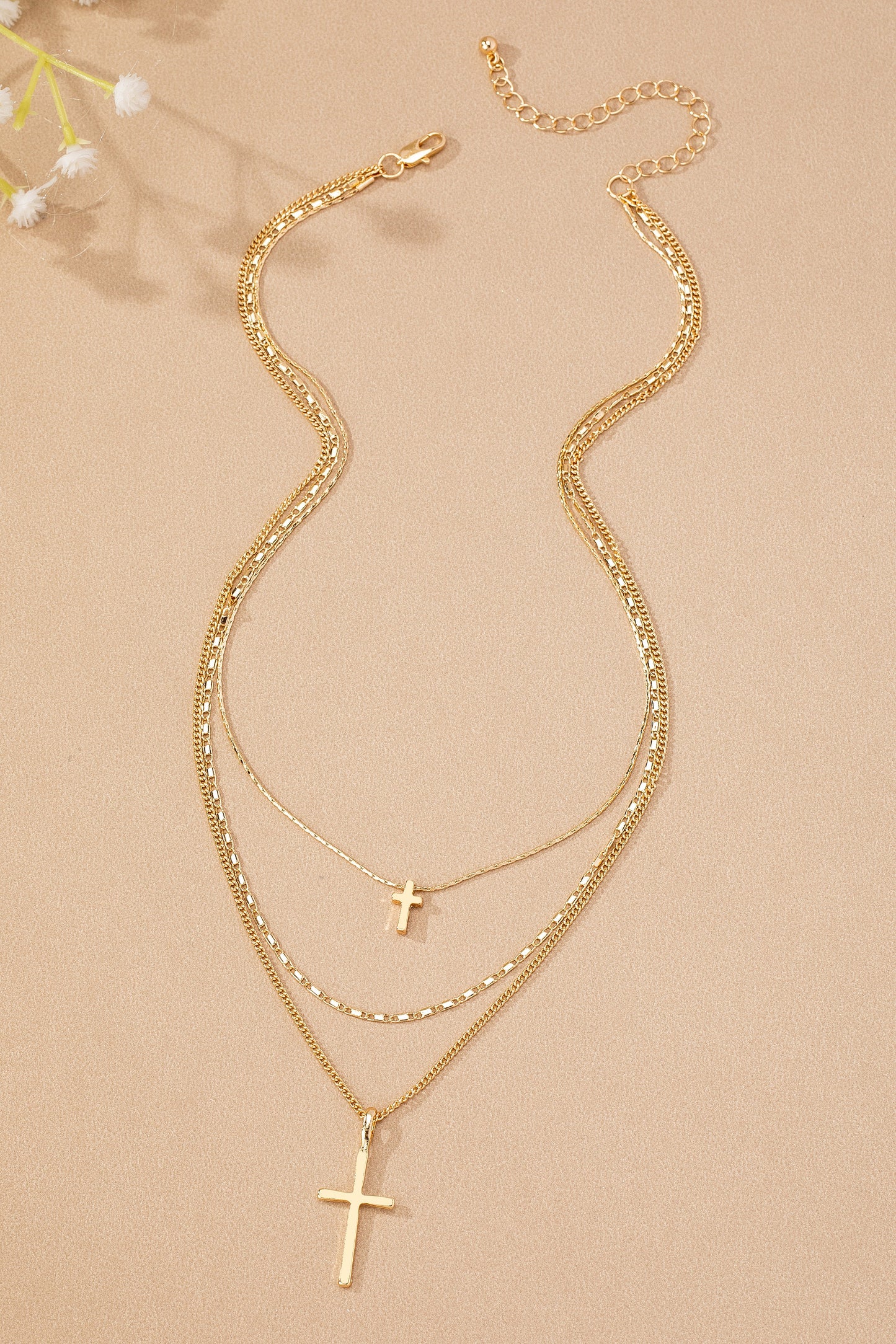 3 Row Mixed Chain Cross Pendant Necklace
