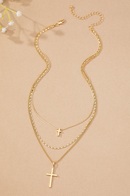 3 Row Mixed Chain Cross Pendant Necklace