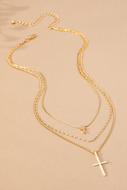 3 Row Mixed Chain Cross Pendant Necklace
