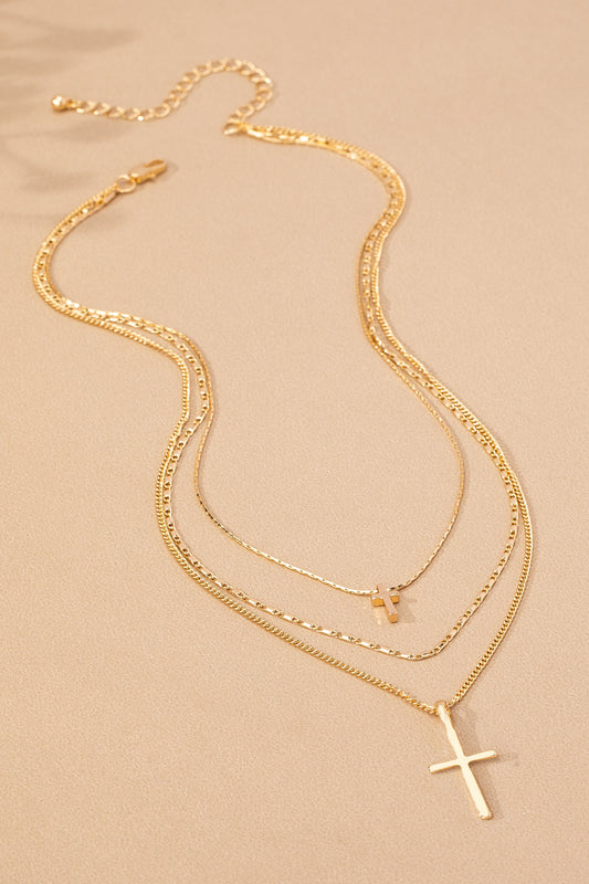 3 Row Mixed Chain Cross Pendant Necklace