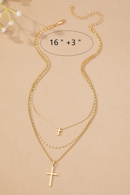 3 Row Mixed Chain Cross Pendant Necklace