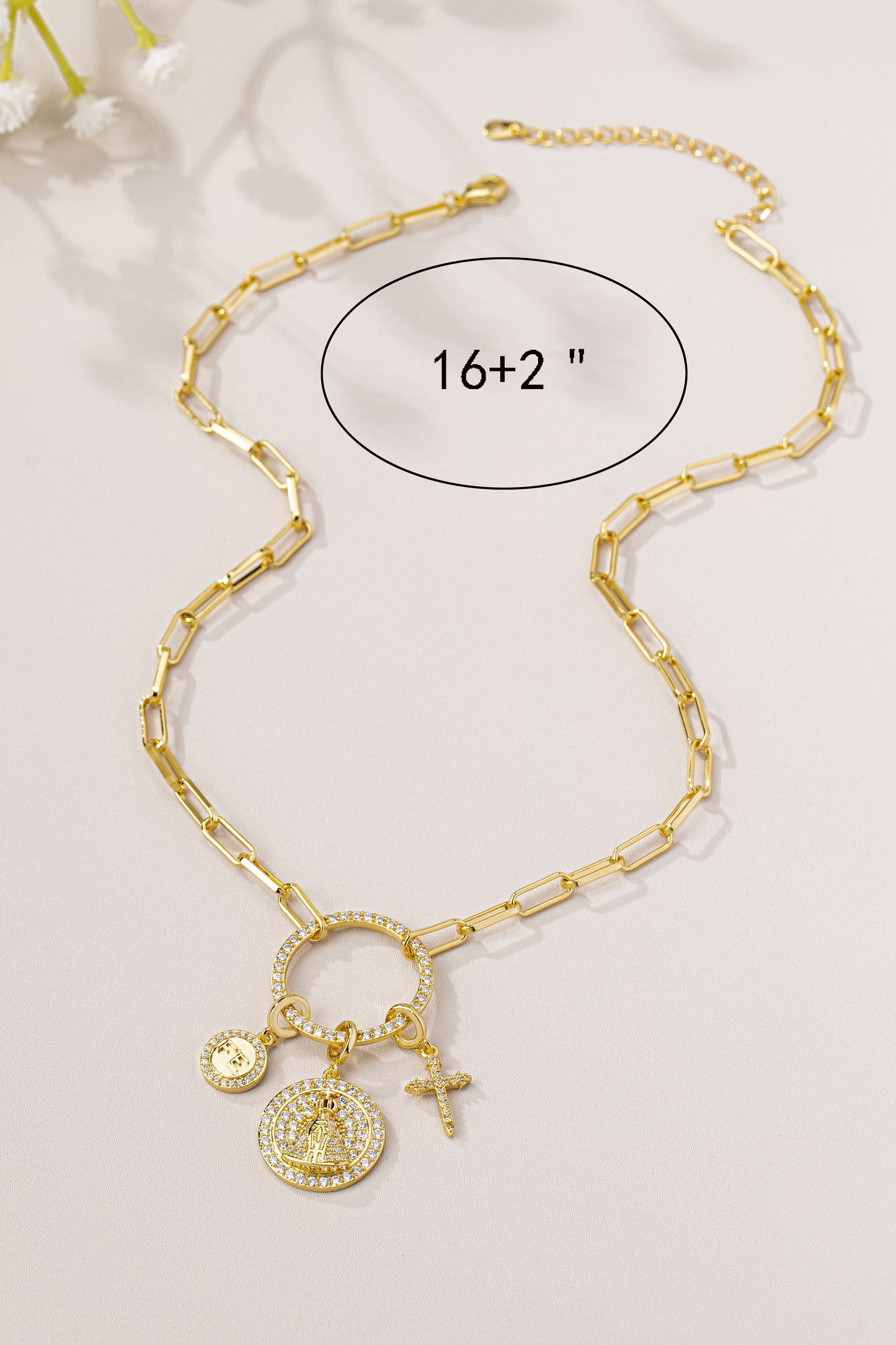 Mary Pendant Necklace with Sparkling Zirconia Charms