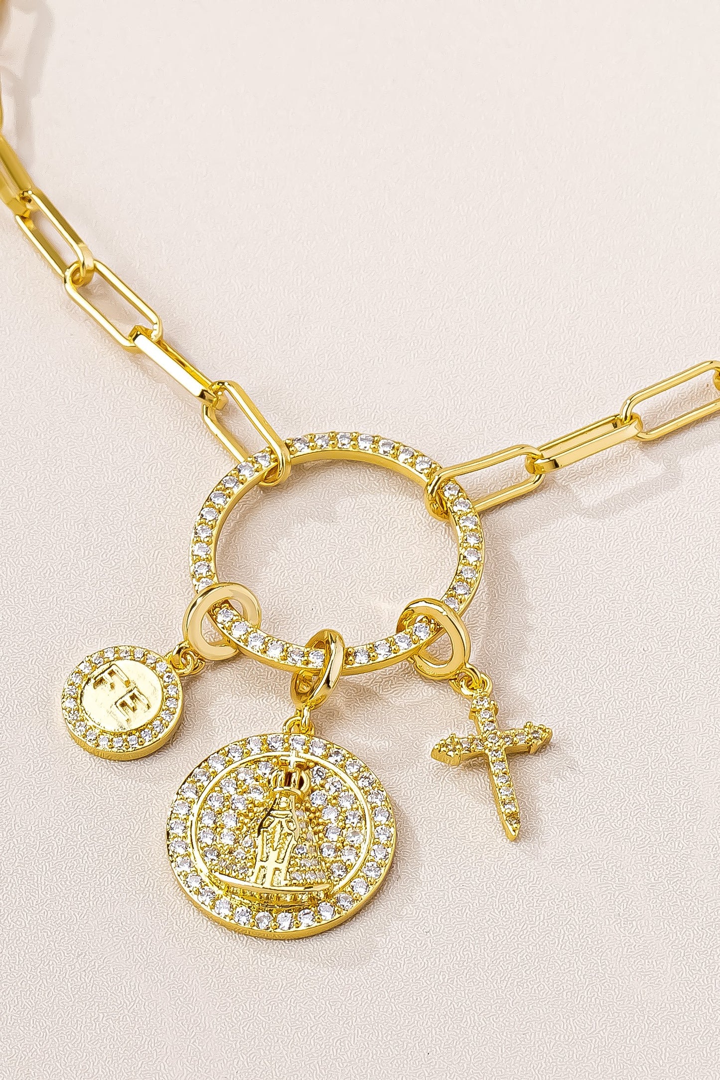 Mary Pendant Necklace with Sparkling Zirconia Charms