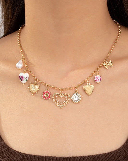 Heart Floral Porcelain Beads Necklace