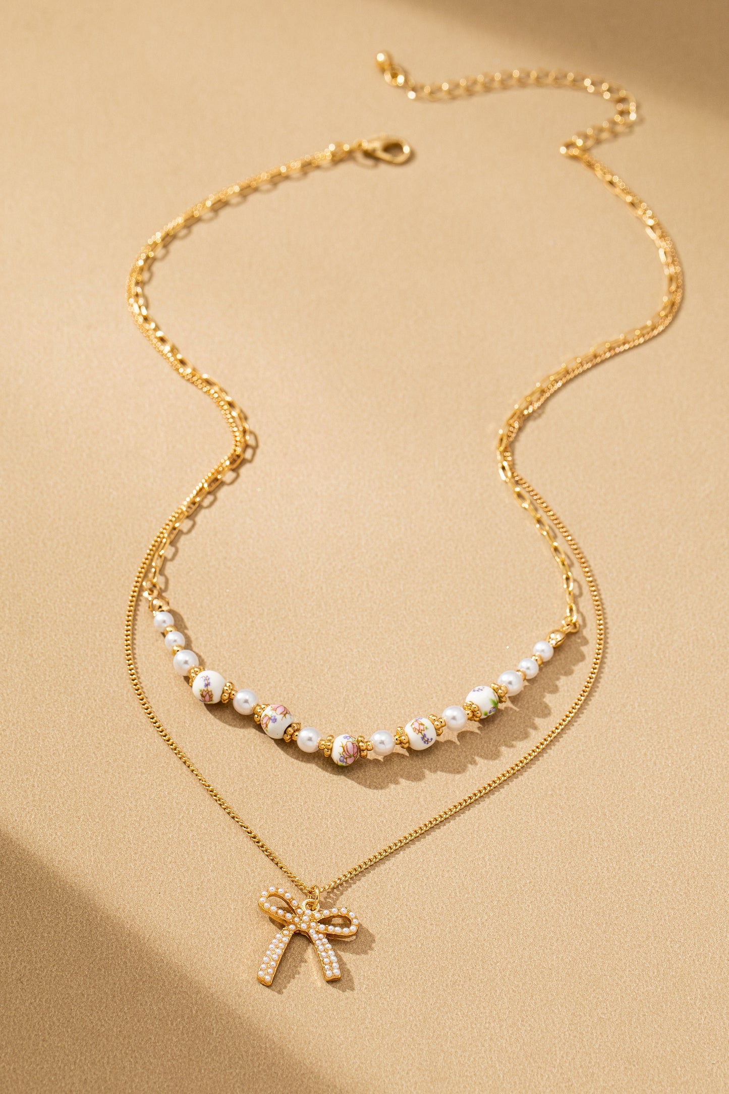 Rosy Ceramic Pearl & Bow Layered Layer Necklace