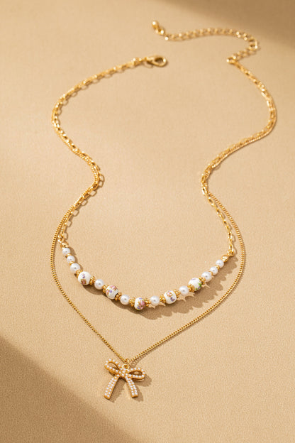 Rosy Ceramic Pearl & Bow Layered Layer Necklace