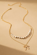 Rosy Ceramic Pearl & Bow Layered Necklace