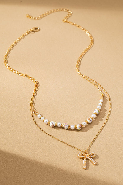 Rosy Ceramic Pearl & Bow Layered Layer Necklace