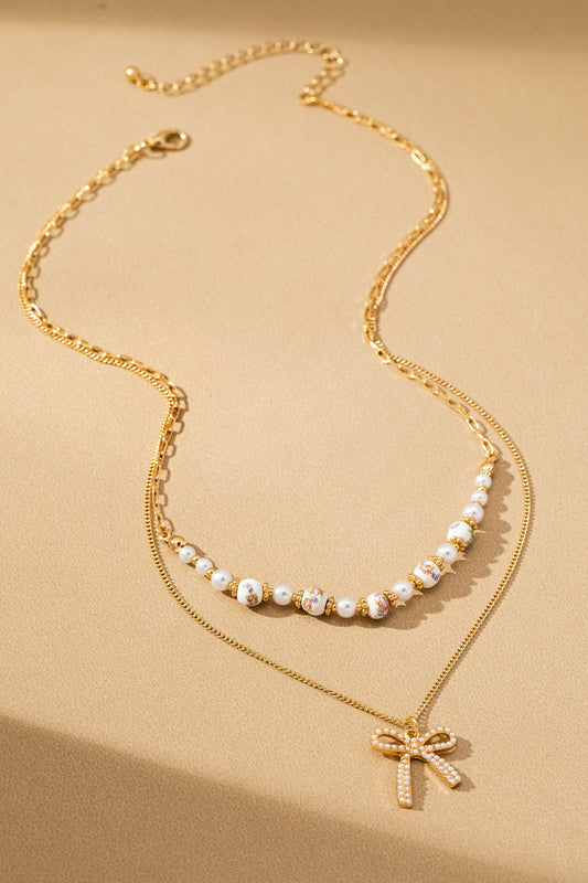 Rosy Ceramic Pearl & Bow Layered Layer Necklace