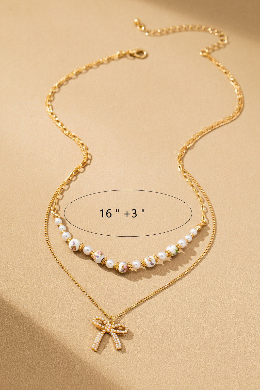 Rosy Ceramic Pearl & Bow Layered Necklace
